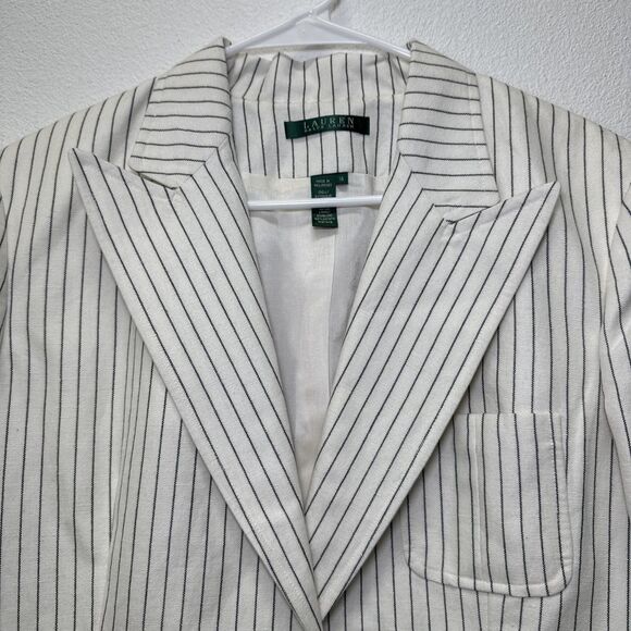 Lauren Ralph Lauren Blazer Women 14 White/Black Vertical Stripe 1-Button - Picture 1 of 7
